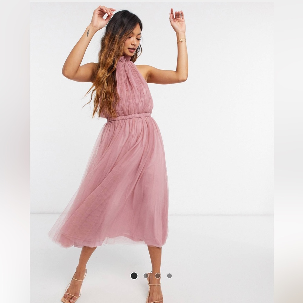 ASOS high neck tulle maxi dress with side cut out detail in rose